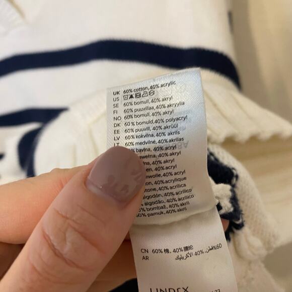 Holly Whyte Lindex Cream & Navy Blue Striped Nautical Fisherman Knit Sweater Lg - Picture 6 of 7